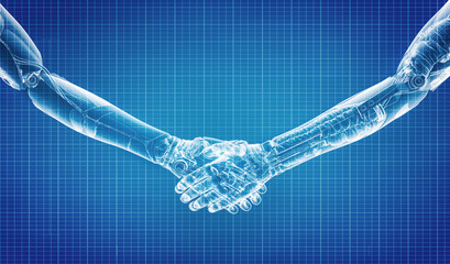 Robotic hands handshake in blueprint technical design