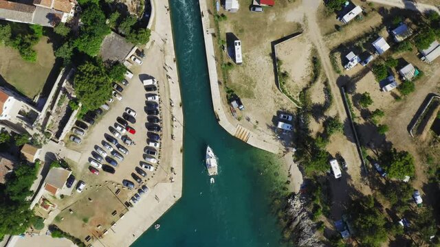 Aerial view of the bridge and channel in historic old town of Osor on Cres Island, the Adriatic Sea, Croatia