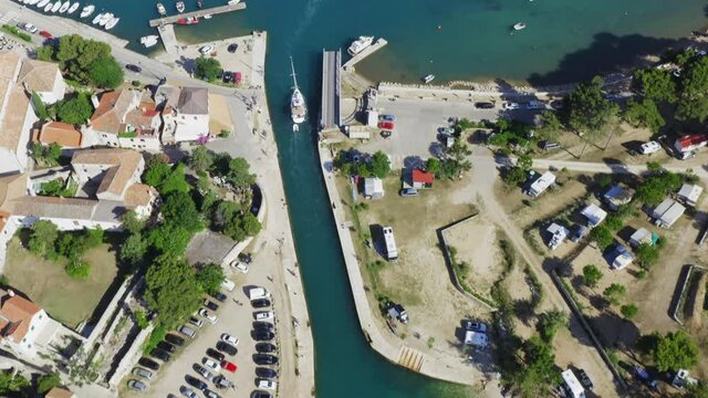 Aerial view of the bridge and channel in historic old town of Osor on Cres Island, the Adriatic Sea, Croatia