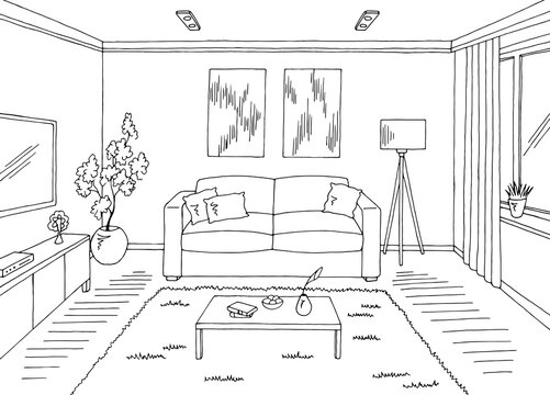 Living room graphic black white home interior sketch illustration vector 