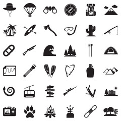 Adventure Icons. Black Flat Design. Vector Illustration.