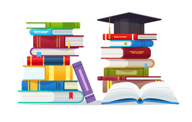 Open book with Graduation cap and stack of books isolated vector illustration. Academic and school knowledge, education and graduation. Reading, encyclopedia. Template for books Shop advertising