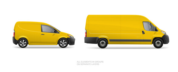 Realistic vector yellow delivery van car template on white background. Yellow corporate van for corporate branding design. Delivery service vehicle © VRTX