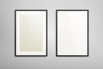 Vertical frame for poster or picture blank mockup template on wall. Editable vector render . Black and white vertical frame for photography presentation, modern art