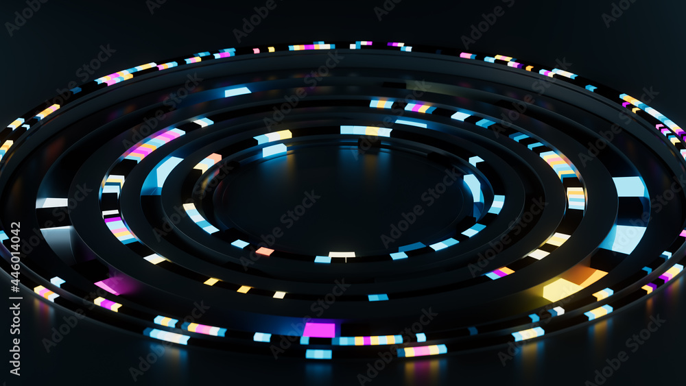 Poster 3d render of colorful rings imitates the artificial intelligence deep learning process. glowing abst