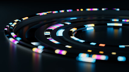 3d render of colorful rings imitates the Artificial Intelligence deep learning process. Glowing abstract geometry composition with reflections. Depth of field effect.