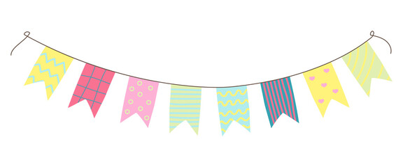 Hand drawn colorful birthday flags for decoration. Doodle style paper party garland. Vector illustration of carnival or festival element. Kids birthday celebration, clipart design