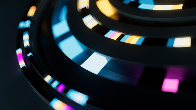 3d render of colorful rings imitates the Artificial Intelligence deep learning process. Glowing abstract geometry composition with reflections.