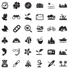 Eco Tourism Icons. Black Flat Design. Vector Illustration.