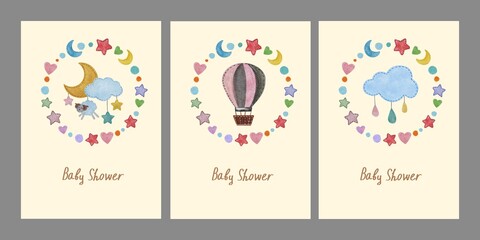 Fototapeta na wymiar Hand drawing watercolor poster set baby shower cute card with sheep, clouds, stars, moon, balloon, heart. Use for poster, print, postcard, card, shop, invitation, celebration, festival, birthday