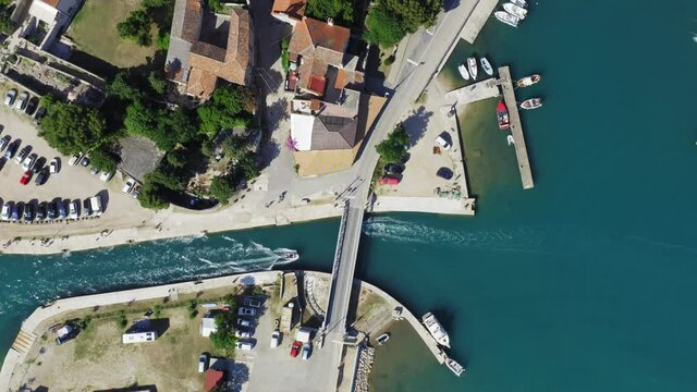 Aerial view of the bridge and channel in historic old town of Osor on Cres Island, the Adriatic Sea, Croatia