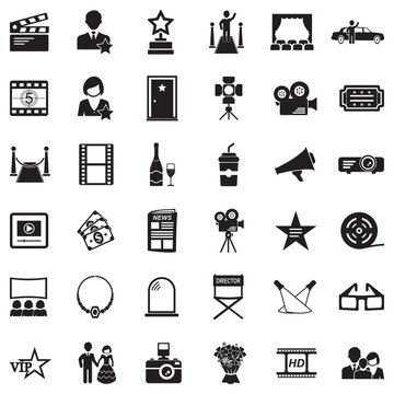 Hollywood Icons. Black Flat Design. Vector Illustration.