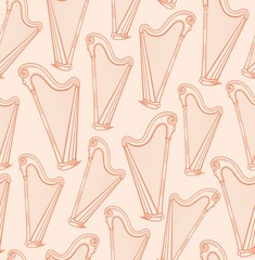 Harp, seamless pattern, pink, contour pattern, vector. Music. Seamless, flat pattern. Brown harps on a pink field. A thin contour drawing. Vector. 