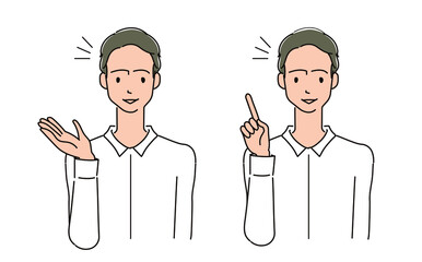 説明するシャツを着た男性