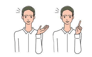 説明するシャツを着た男性