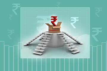 Rupee currency with card box . 3D rendering illustration