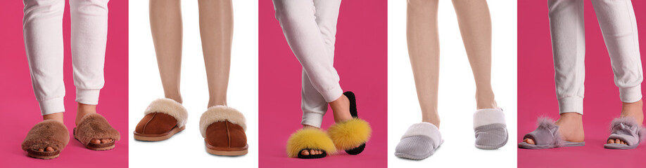 Collage with photos of women wearing stylish slippers on different color backgrounds, closeup....