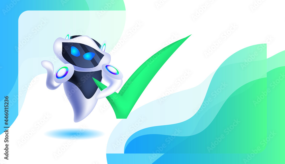 Poster cute robot cyborg with green checkmark modern robotic character artificial intelligence technology c