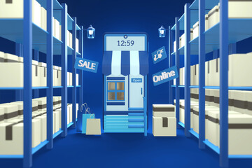 Shopping online and delivery on popular mobile applications around the world with blue phone and storage shelf on gradient blue background.3D rendering, front view.