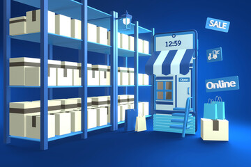 Shopping online and delivery on popular mobile applications around the world with blue phone and storage shelf on gradient blue background.3D rendering,side view.