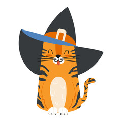 Cute cartoon character ginger tabby cat wearing a witch hat. Children's vector illustration for Halloween.