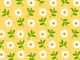 Seamless vector pattern White daisy flowers field on yellow background. Floral summer texture for wrapping paper, card, gift, fabric, textile, banner, wallpaper