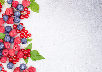 ripe berries of raspberries, red currants, blueberries and leaves on a light concrete background © Ирина Гутыряк