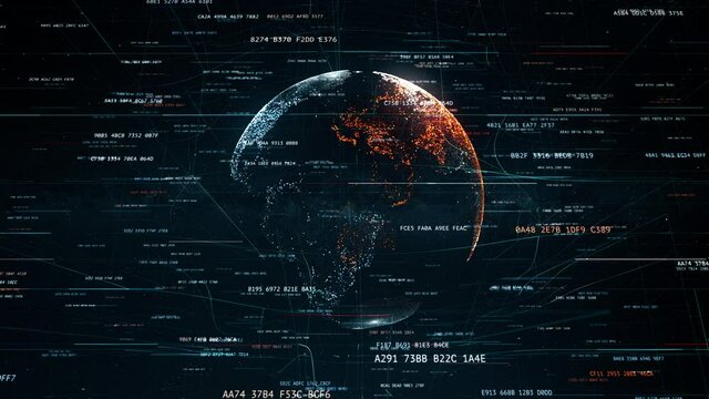 Global digital world, earth globe with random hash codes and geometric elements which creating abstract 3D technology animation