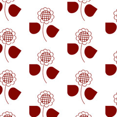 Floral pattern. Retro style . 70s Red on white . Sunflowers . Textiles on porcelain dishes.