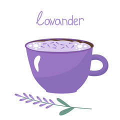 Lavender coffee in a lilac mug. Vector illustration isolated. For a design or a postcard
