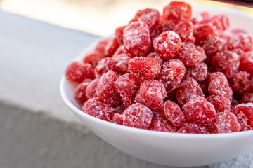 Closeup shot of frozen raspberries