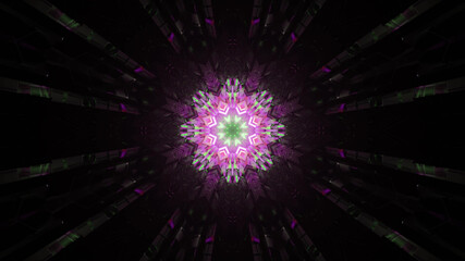3D rendering of a pitch-black abyss with light beams coming out of the flower-shaped pink center