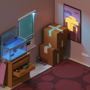 Isometric 3D voxel room art with a retro feel