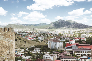 Fototapeta na wymiar View at the town Sudak in the south-eastern Crimea, on the Black Sea coast