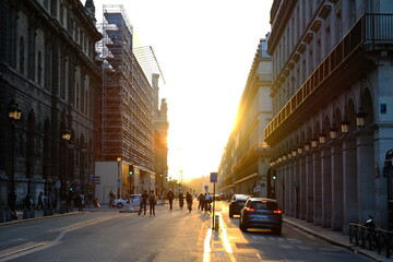 A sunset in the street of Paris. France, July 2021.
