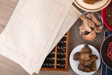 Top view of Chinese medicine prescriptions and Chinese medicine materials