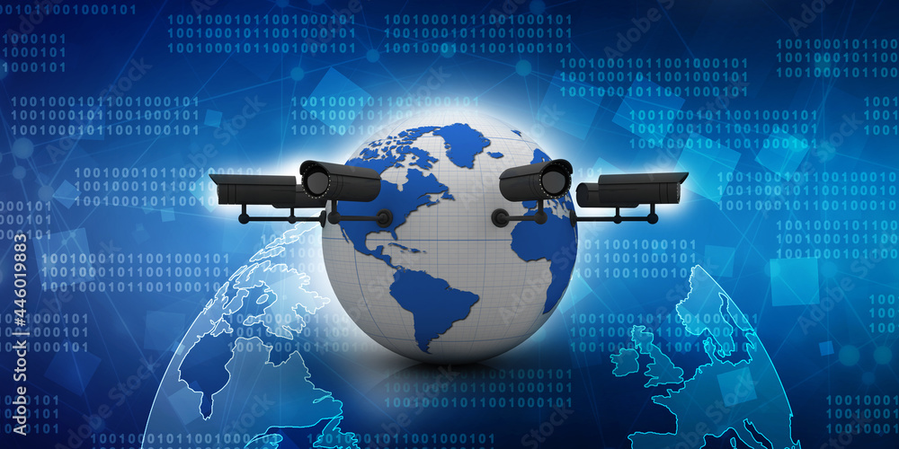 Poster 3d rendering surveillance cctv security camera connected globe