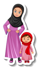 Muslim mother and her daughter cartoon character sticker on white background