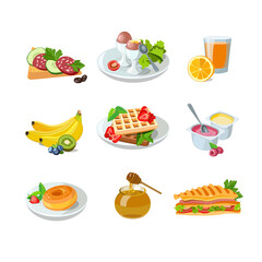 Classic hotel breakfast set with waffles, orange juice, sandwich and donut. Menu poster with eggs, fruit yogurt and honey. Brunch healthy start day options food. Vector illustration.