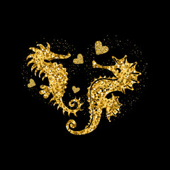 Seahorses golden glitter icon with glitter glow and hearts. Beautiful golden silhouette on black. For wedding, fashion, ornaments, tattoo, luxury, valentine's day. Vector illustration.