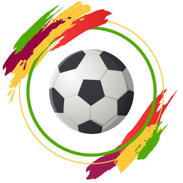 Soccer ball in round colored frame, black and white classic leather ball to play football. Football spherical object with patches, simple element for playing soccer game. Sports equipment icon