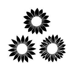 Sunflower split monogram set. Flower silhouette vector illustration. Sunflower graphic logo collection, hand drawn icon for packaging, decor. Petals frame,black silhouette isolated on white background