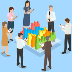 Visualize with business analytics. People work with statistical data analysis, changing indicators. Employees analyze statistical indicators, business data. Characters work with marketing research