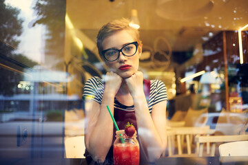 woman short hairstyle cocktail lifestyle morning pensive look