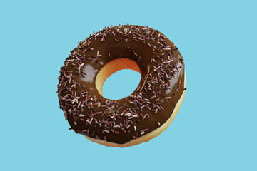 Closeup Chocolate Doughnut topping with Colorful Icing sweet isolated floating on blue background. Minimal Food Idea concept 3D Rendering.