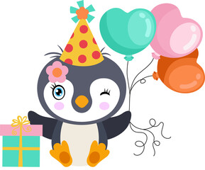 Cute birthday party penguin with balloons and gift