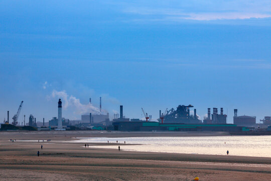 Industrial coastline at dusk near Dunkirk - France