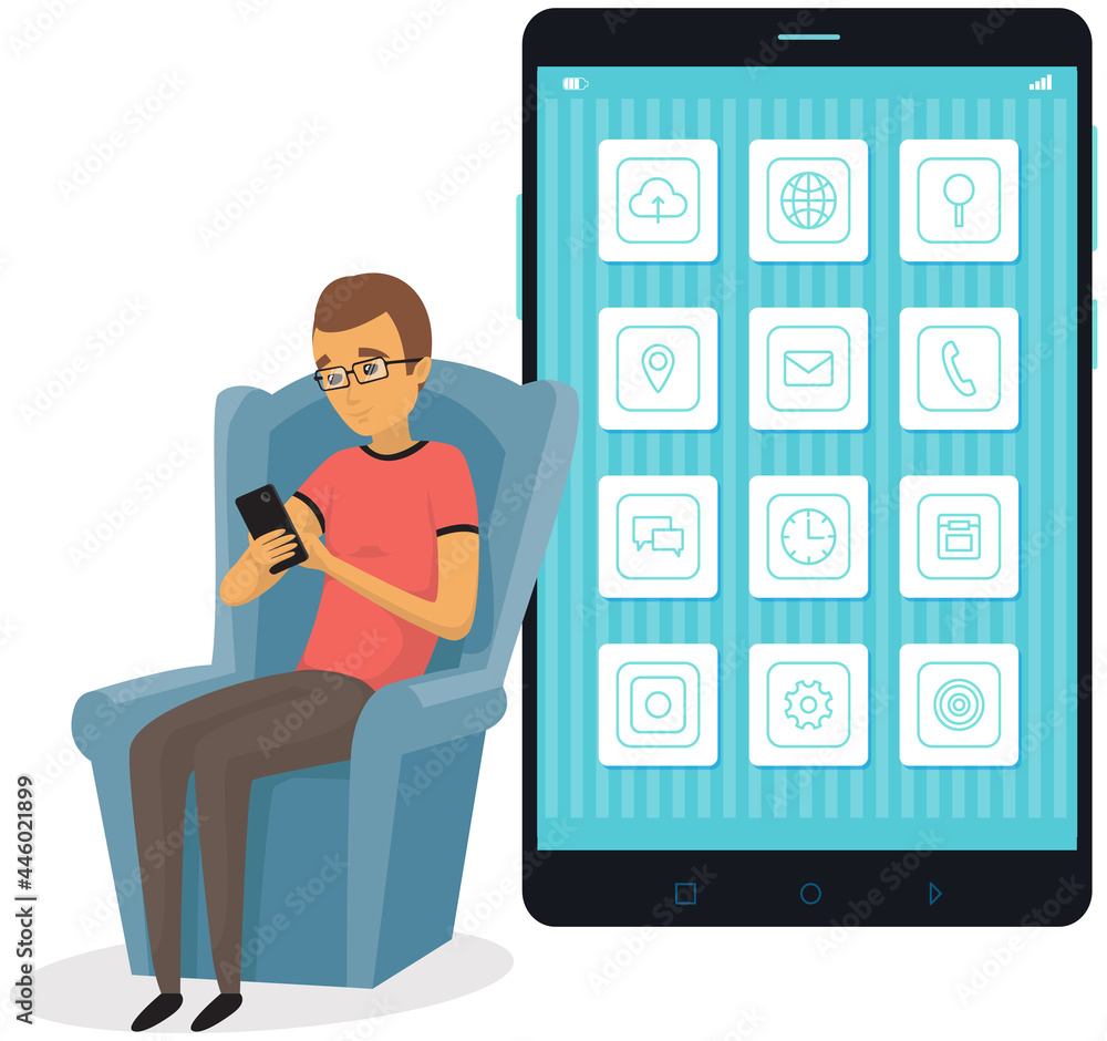 Poster man uses smartphone while sitting on chair. internet surfing or reading article. guy looks at screen