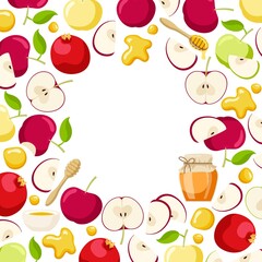 Round apple, pomegranate fruit and honey frame. Jewish New Year Holiday. Shana Tova Wreath isolate on white for card, border, banner, invitations. Copy space. Rosh hashanah template flat style