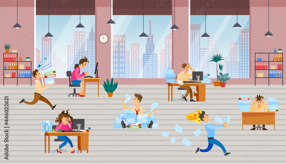 Poster stressed cartoon characters working at workplaces. office workers hurry up with assignments. people 